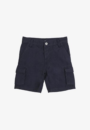 Pantaloncini cargo blu navy con bottone frontale, passanti per cintura, tasche laterali con patta e tasche frontali oblique.