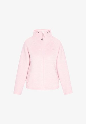 Rosa Fleecejacke mit hohem Kragen, Frontreißverschluss und zwei Seitentaschen. Sie zeichnet sich durch einen strukturierten Stoff mit subtilen Mustern und einem glatten Futter aus.
