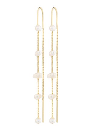 Kuldtooni kõrvarõngad pikkade kettide kujundusega. Selles on ebaregulaarseid valgeid pärleid ja sujuvaid, sirgeid metallaktsente.