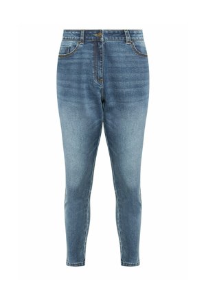 Blue high-waisted skinny jeans with front button and zipper, front and back pockets, and faded wash detailing.
