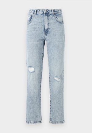 Lys blå denimjeans med avslappet passform, med to knærips, fem lommer og en frynsete kant. Knappe- og glidelås-lukking.