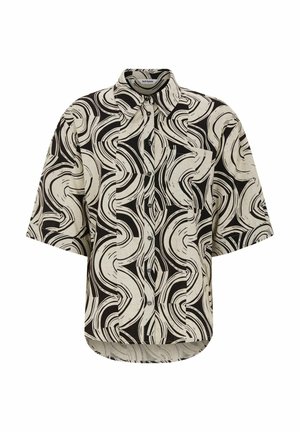 Srajca s kratkimi rokavi na gumbe, z abstraktnim vzorcem črnih in bež spiral ter žepom na prsih spredaj.