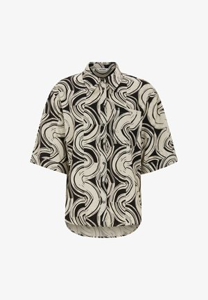 Lühikeste varrukatega nööpidega särk, millel on musta ja beeži abstraktse keerise mustriga ning esiosa rinnataskuga.