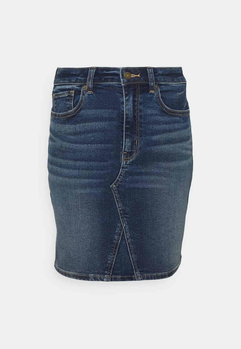 Jupe en denim bleu foncé avec poches avant, passants pour ceinture, fermeture par boutons, fermeture éclair et un détail de couture centrale à l'avant.