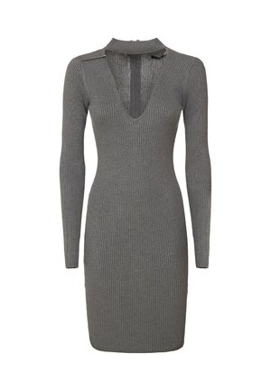 Gray ribbed knit long-sleeve dress with a deep V-neck cutout and a short mock turtleneck collar with a small black buckle detail.