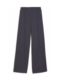 Pantaloni a gamba larga grigio scuro realizzati in tessuto morbido, dotati di una vita elastica e senza motivi visibili o dettagli hardware.