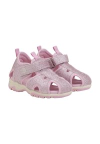 Rosa glittriga sandaler med öppen tå-design, justerbart kardborreband och vadderad insida; lätt sula med texturerat grepp.