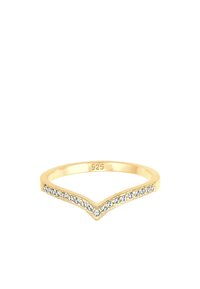 Ein goldfarbener Sterlingsilberring mit einem Chevron-Design, verziert mit klaren Steinen entlang der oberen Kante für zusätzliche Detailgenauigkeit. Gezeichnet "925."