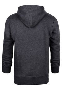 Donkergrijze hoodie van een gestructureerde stof, met een capuchon met trekkoord, ribbels aan de mouwen en zoom. De achterkant is eenvoudig en heeft geen versieringen.