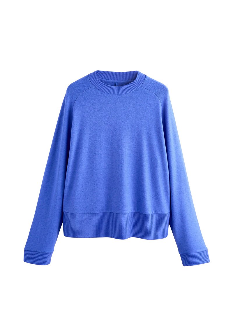 Maglione blu in materiale morbido, con scollo tondo, maniche lunghe, polsini e orlo a costine, vestibilità comoda e texture liscia.