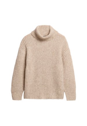 Suéter de punto beige con cuello alto, de corte holgado, textura acanalada y mangas anchas. Presenta un collar doblado y sin herrajes visibles.