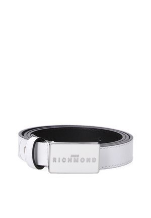 Ceinture en cuir blanc avec intérieur noir et boucle rectangulaire argentée embossée du logo "John Richmond".
