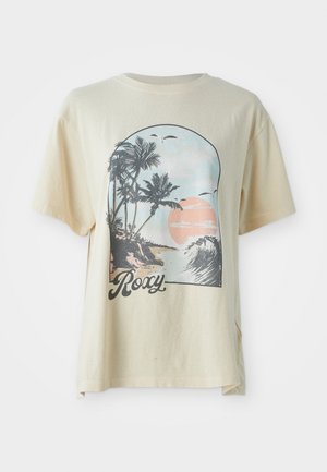 Beige katoenen t-shirt met korte mouwen en een ronde halslijn, voorzien van een tropische grafiek met palmbomen en een zonsondergang. Inclusief "Roxy" logo.