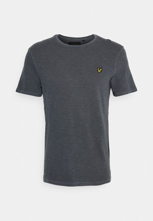 Dunkelgraues T-Shirt mit kurzen Ärmeln und Rundhalsausschnitt, mit einem kleinen gelben Vogel-Logo auf der linken Brust bestickt.