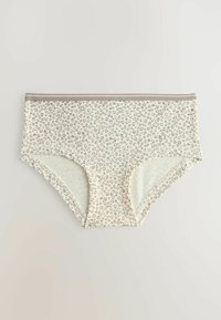 Beżowe bawełniane majtki hipster z małymi szarymi plamkami w leopardzi wzór, o miękkiej teksturze i jasnobrązowym elastycznym pasku.