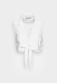 Blusa cropped bianca a maniche corte con design a fiocco frontale, colletto e chiusura con zip. Realizzata in tessuto morbido, presenta una texture liscia.
