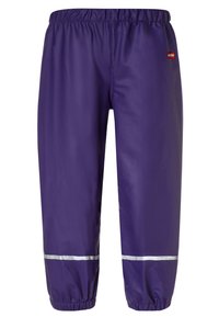 Purple waterproof pants with an elastic waistband, tapered leg design, and reflective silver stripes near the hem. Logo tag on side.