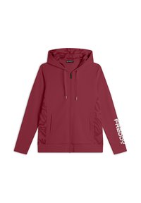 Felpa con zip color bordeaux, con cappuccio, pannelli laterali testurizzati e due tasche frontali. Presenta il logo "FREDDY" in bianco sulla manica.