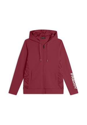 Felpa con zip color bordeaux, con cappuccio, pannelli laterali testurizzati e due tasche frontali. Presenta il logo "FREDDY" in bianco sulla manica.