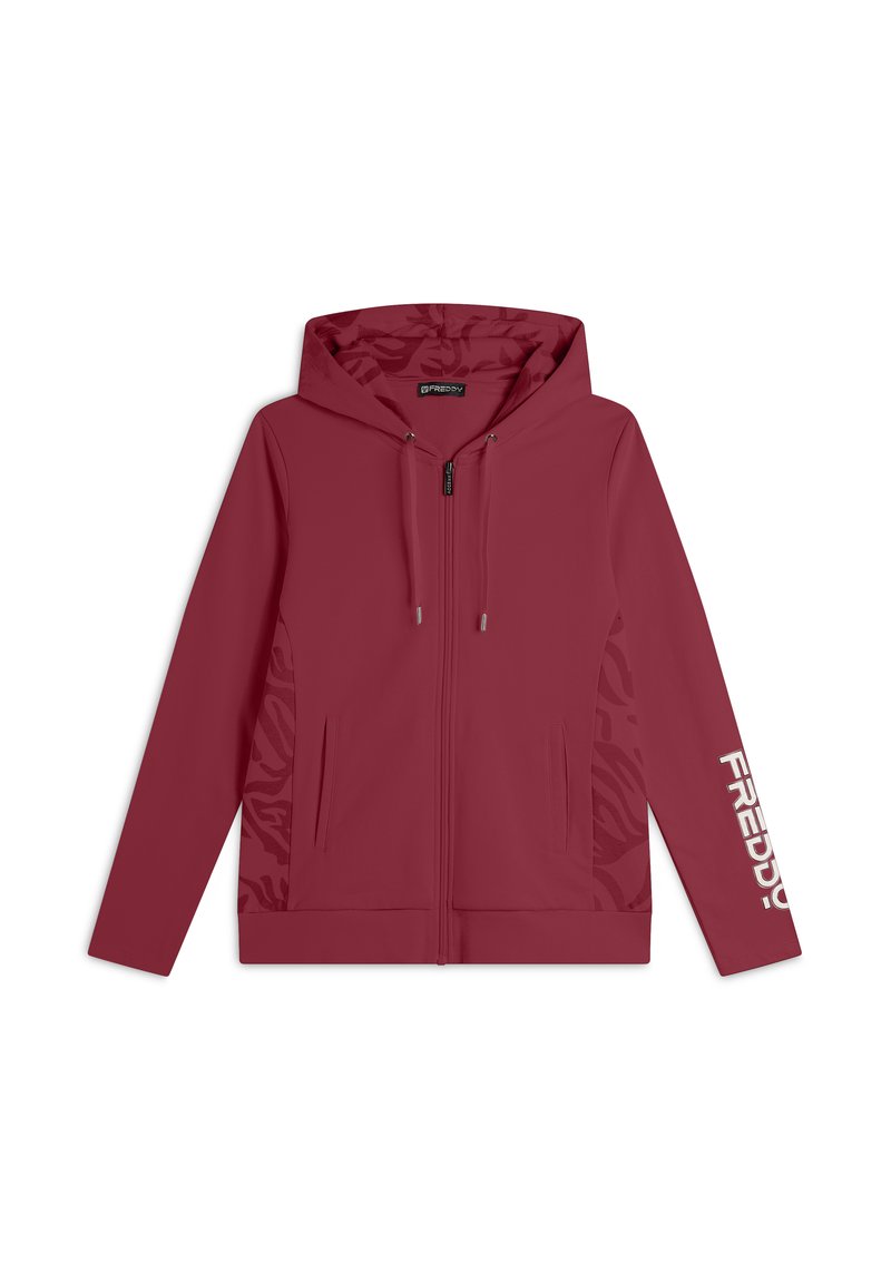 Felpa con zip color bordeaux, con cappuccio, pannelli laterali testurizzati e due tasche frontali. Presenta il logo "FREDDY" in bianco sulla manica.