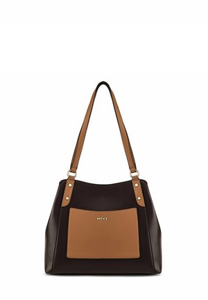 Schwarze und braune Leder-Schultertasche mit einer Fronttasche und goldenem "MEXX" Logo, zwei braune Trageriemen befestigt mit goldenen Nieten.