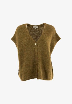 Cárdigan marrón de mezcla de lana con escote en V, mangas cortas, cierre frontal de botones y aberturas laterales para mayor facilidad de movimiento. Tejido de punto texturizado.