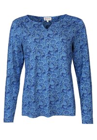 Langärmliges blaues Oberteil mit floralem Muster in unterschiedlichen Blautönen. V-Ausschnitt-Design aus weichem, strukturiertem Stoff.