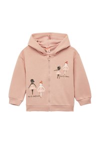 Sudadera rosa con cremallera hecha de un tejido suave, con gráficos de bailarinas y texto. Diseño con capucha, puños y cinturilla acanalados.