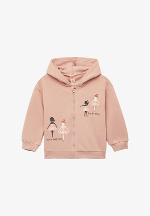 Pink zip-up hoodie lavet af blødt stof, prydet med grafik af balletdansere og tekst. Hættedesign, ribbede manchetter og talje.