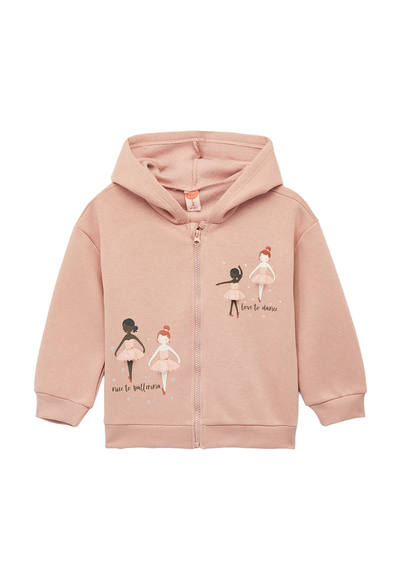Sudadera rosa con cremallera hecha de un tejido suave, con gráficos de bailarinas y texto. Diseño con capucha, puños y cinturilla acanalados.