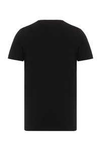 Schwarzes Baumwoll-T-Shirt, kurze Ärmel, Rundhalsausschnitt, mit einer glatten Textur und schlichtem Design. Die Rückansicht zeigt keine zusätzlichen Details oder Muster.
