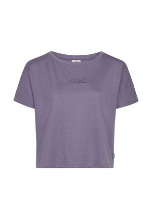 Paarse korte mouwen t-shirt van zachte stof, met een ronde hals en een geborduurd logo in het midden van de borst. Heeft een licht ontspannen pasvorm.