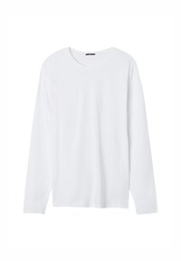 Langärmliges weißes T-Shirt aus weicher Baumwolle. Mit rundem Ausschnitt und normaler Passform. Einfaches, einfarbiges Design ohne Muster oder Akzente.