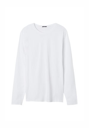 T-shirt à manches longues de couleur blanche en coton doux. Il présente un col rond et une coupe classique. Simple, de couleur uni sans motifs ni accents.