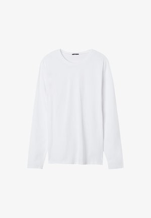Langärmliges weißes T-Shirt aus weicher Baumwolle. Mit rundem Ausschnitt und normaler Passform. Einfaches, einfarbiges Design ohne Muster oder Akzente.