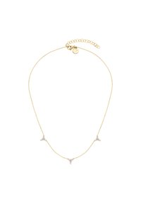 Gouden ketting met een halsketting met drie driehoekige accenten bezet met heldere kristallen, afgewerkt met een sluiting en een verstelbare ketting.