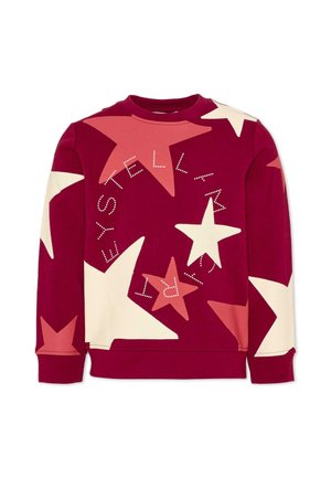 Sudadera granate de manga larga con grandes estrellas crema y rojas y texto "STELLA MCCARTNEY" en letras punteadas en la parte delantera.
