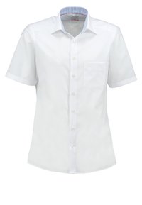Chemise blanche à manches courtes avec un design uni, fermeture à boutons, et un col intérieur bleu à motifs. Comprend une poche sur la poitrine.