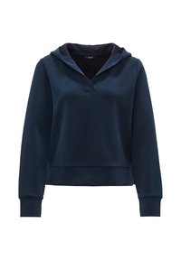 Felpa blu navy con scollatura a V e cappuccio interno a contrasto. Presenta maniche lunghe e un design cropped, realizzata in tessuto morbido e testurizzato.