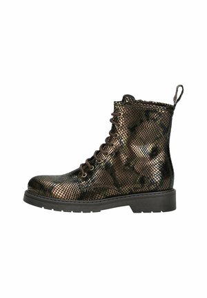 Lace-up ankle boots with a metallic snakeskin design in black and bronze. Sturdy sole, textured upper, and pull tab at the back.