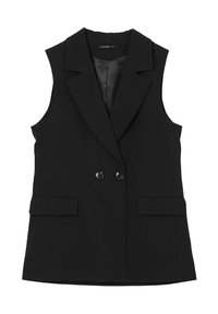 Blazer sans manches noir avec un col en V, fermeture à double bouton à l'avant et deux poches sur le devant. Tissu lisse, forme structurée.