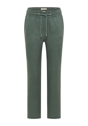 Grüne Leinenhose mit elastischem Bund und verstellbarem Kordelzug, gerader Beinführung und Seitentaschen.
