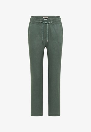 Pantalon en lin vert avec taille élastique et cordon ajustable, coupe droite et poches latérales.