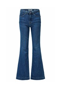 Jeans flare in denim blu scuro, design a vita alta con una finitura liscia e cuciture a vista, dotati di un classico stile a cinque tasche.