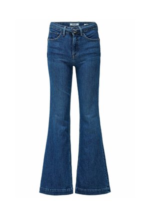 Pantalones vaqueros acampanados en azul oscuro, diseño de alta cintura con un acabado suave y costuras cosidas, que cuentan con un estilo clásico de cinco bolsillos.