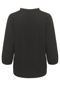 Blusa nera con tessuto strutturato, scollo arricciato e maniche a tre quarti. La parte posteriore è liscia con un orlo arrotondato.