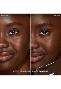 Before-and-after comparison showing a deep brown skin tone. Left side: complexion with some imperfections. Right side: smoother, even skin with shade Ganache.