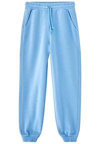 Pantalons de survêtement bleu clair en tissu doux, dotés d'une taille élastique avec cordon de serrage, de deux poches latérales et de poignets côtelés.
