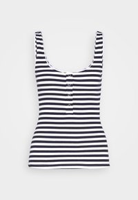 Canotta a righe blu navy e bianca con scollatura a barca, texture a costine e una patta con quattro bottoni argentati sul davanti.