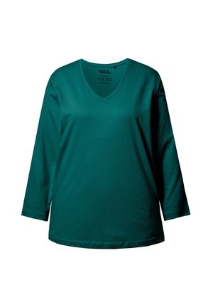 Top a maniche lunghe in teal con scollo a V realizzato in morbido cotone. Presenta una vestibilità comoda e cuciture minime per il massimo del comfort. Adatto per un abbigliamento casual.